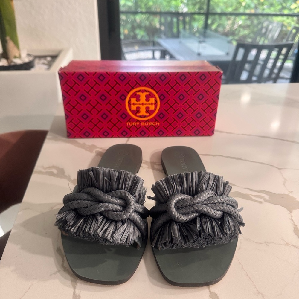 Tory Burch Gray Fringe Slide Sandals